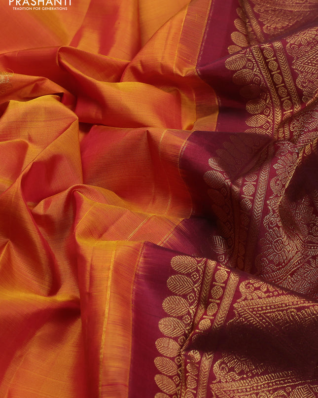 Pure kanchipuram silk saree mustard yellow and maroon with zari woven buttas and zari woven border