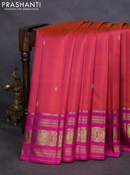Pure kanchipuram silk saree dual shade of pinkish orange and pink with allover zari weaves & buttas and annam zari woven border