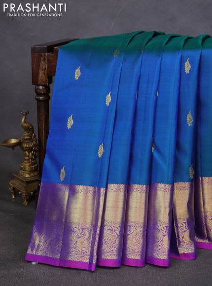 Pure kanchipuram silk saree teal blue and purple with zari woven buttas and zari woven border
