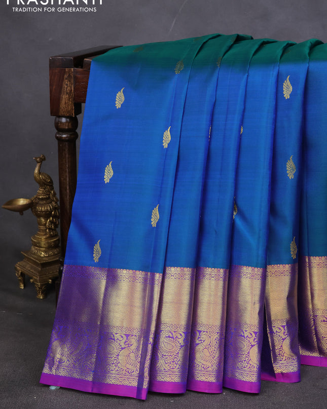 Pure kanchipuram silk saree teal blue and purple with zari woven buttas and zari woven border