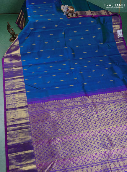Pure kanchipuram silk saree teal blue and purple with zari woven buttas and zari woven border
