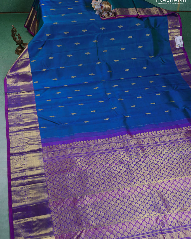 Pure kanchipuram silk saree teal blue and purple with zari woven buttas and zari woven border