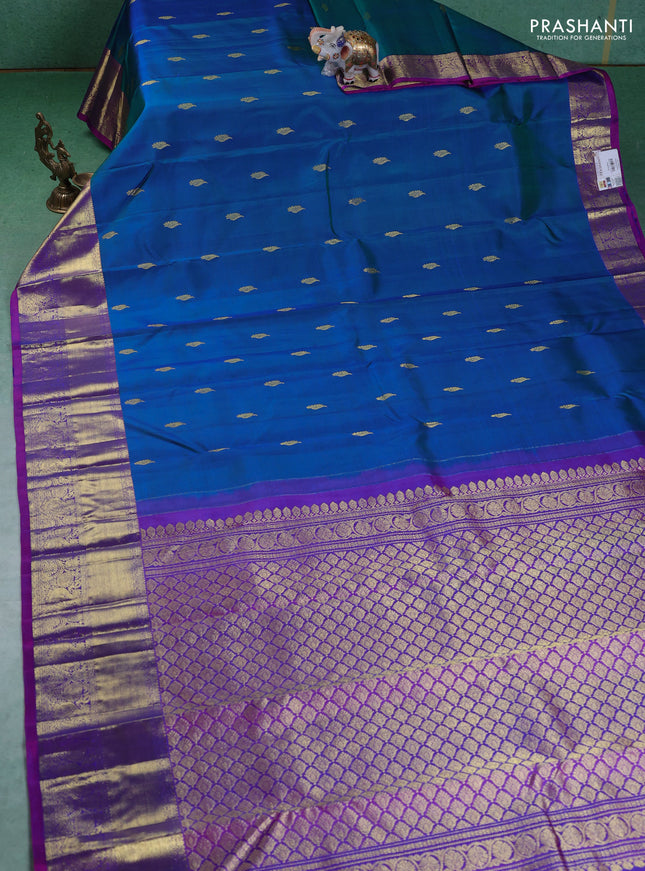 Pure kanchipuram silk saree teal blue and purple with zari woven buttas and zari woven border