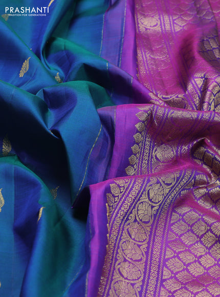 Pure kanchipuram silk saree teal blue and purple with zari woven buttas and zari woven border