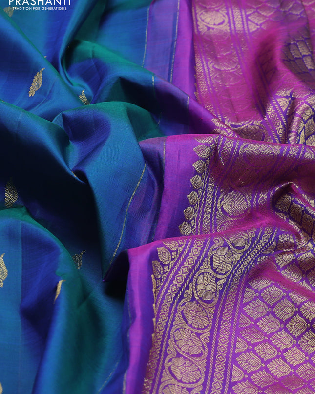 Pure kanchipuram silk saree teal blue and purple with zari woven buttas and zari woven border