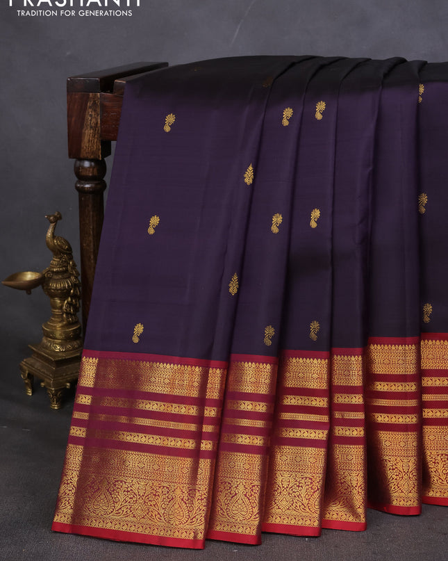 Pure kanchipuram silk saree deep jamun and maroon with annam zari woven buttas and zari woven border