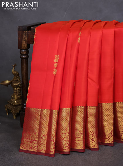 Pure kanchipuram silk saree orange and maroon with annam zari woven buttas and zari woven border