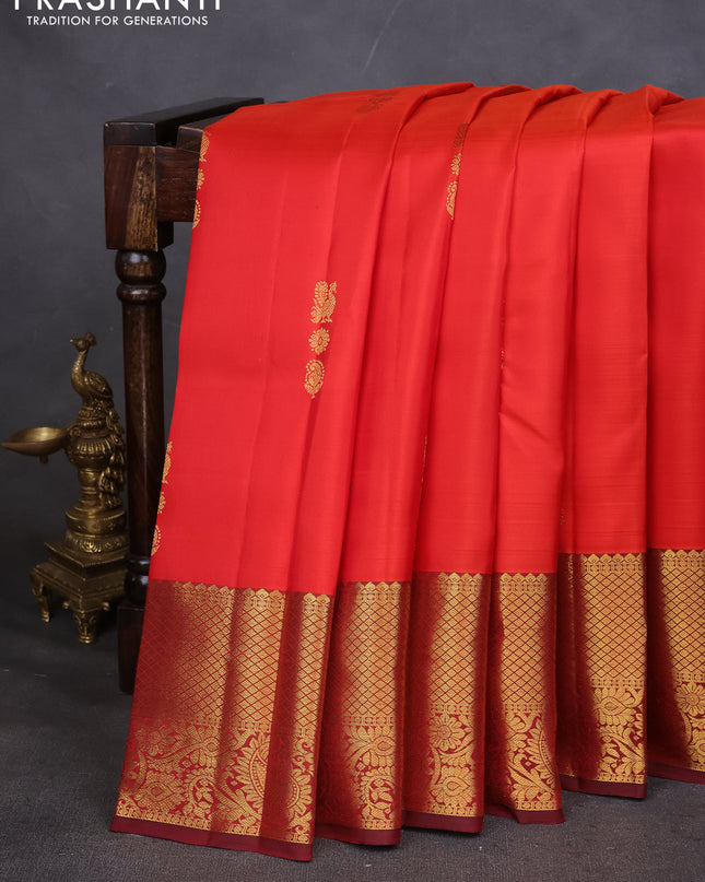 Pure kanchipuram silk saree orange and maroon with annam zari woven buttas and zari woven border