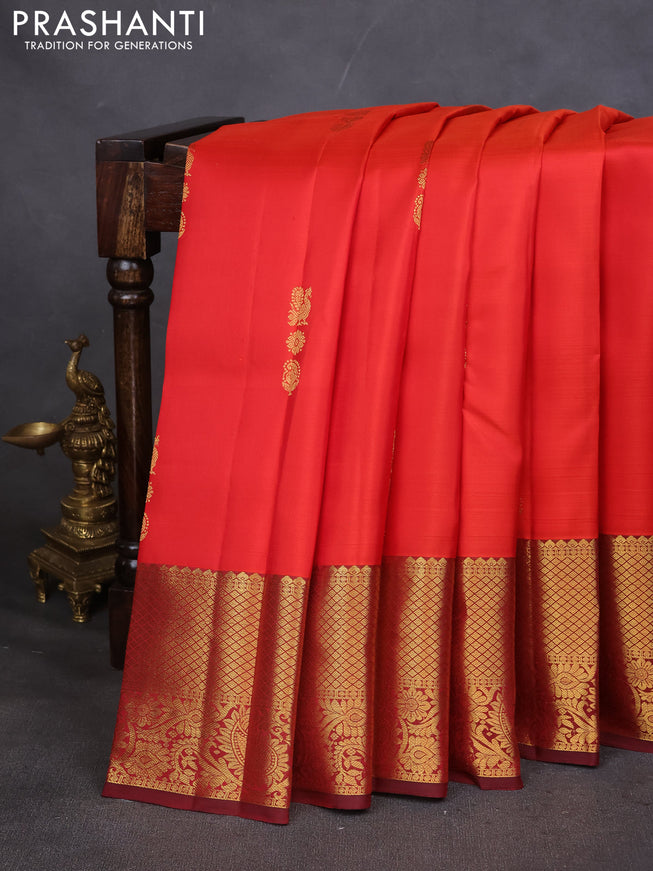 Pure kanchipuram silk saree orange and maroon with annam zari woven buttas and zari woven border