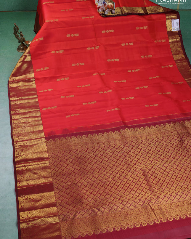 Pure kanchipuram silk saree orange and maroon with annam zari woven buttas and zari woven border