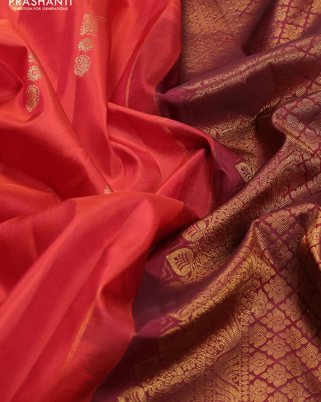 Pure kanchipuram silk saree orange and maroon with annam zari woven buttas and zari woven border
