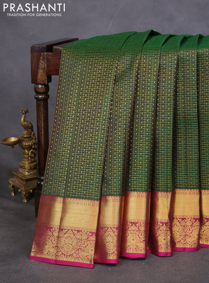 Pure kanchipuram silk saree green and magenta pink with allover zari checks & lakshadeepam buttas and zari woven border
