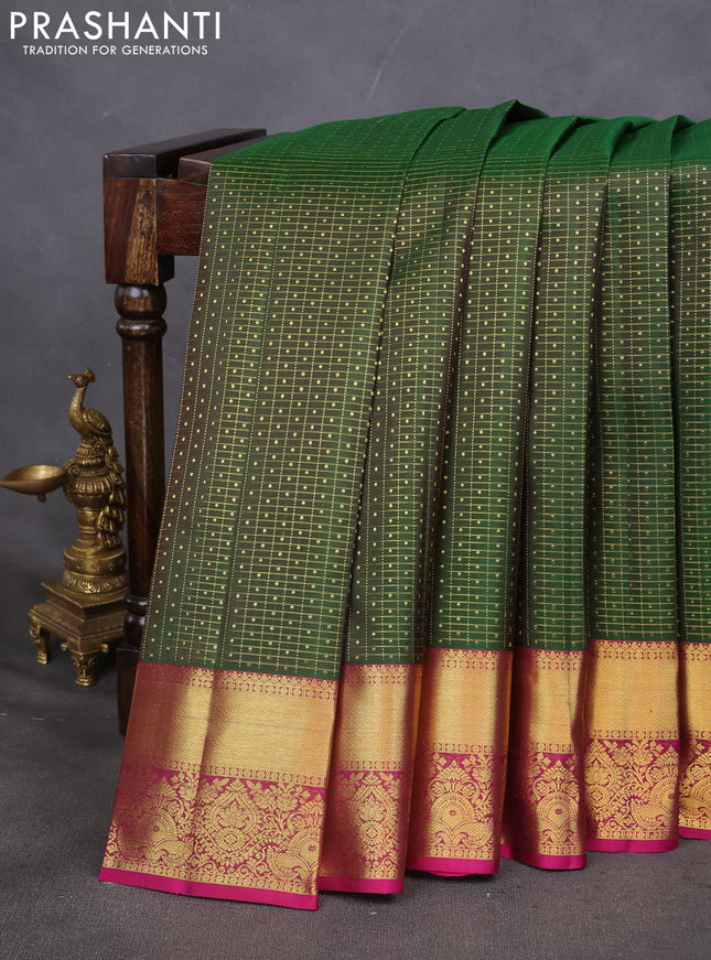 Pure kanchipuram silk saree green and magenta pink with allover zari checks & lakshadeepam buttas and zari woven border
