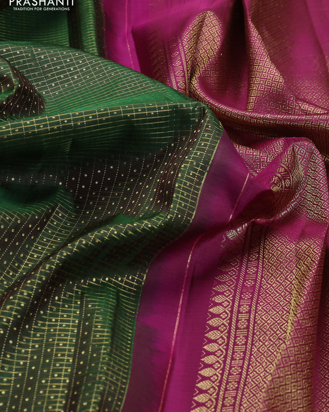 Pure kanchipuram silk saree green and magenta pink with allover zari checks & lakshadeepam buttas and zari woven border
