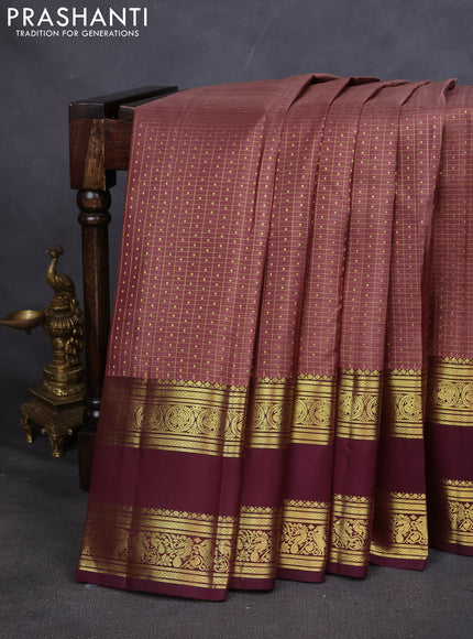 Pure kanchipuram silk saree brown and deep wine with allover zari checks & lakshadeepam buttas and zari woven border