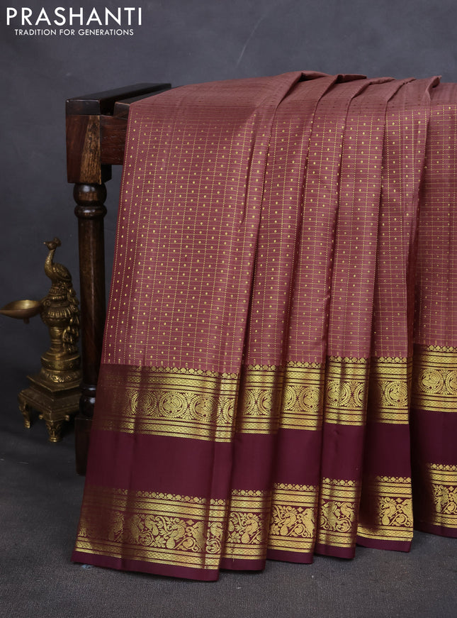 Pure kanchipuram silk saree brown and deep wine with allover zari checks & lakshadeepam buttas and zari woven border