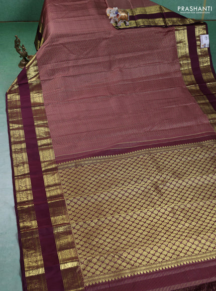 Pure kanchipuram silk saree brown and deep wine with allover zari checks & lakshadeepam buttas and zari woven border