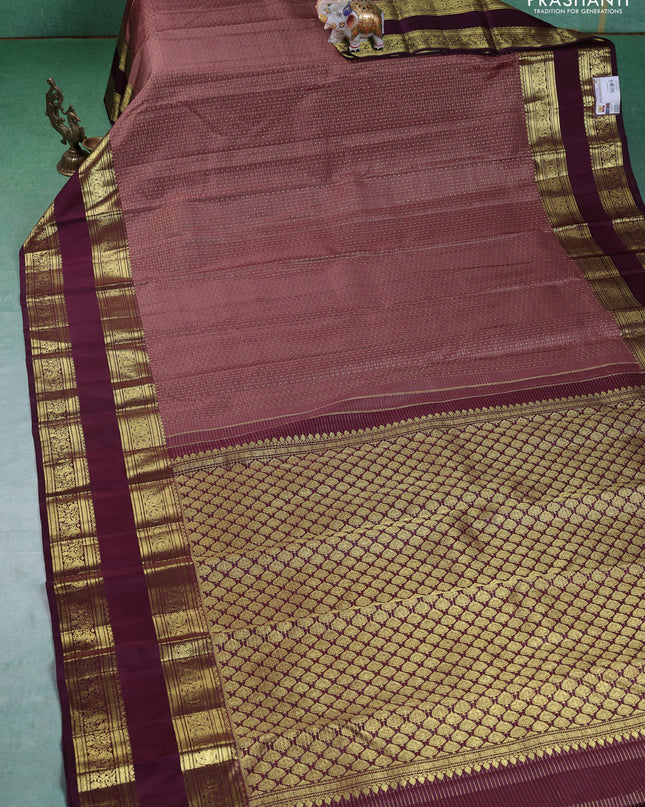 Pure kanchipuram silk saree brown and deep wine with allover zari checks & lakshadeepam buttas and zari woven border