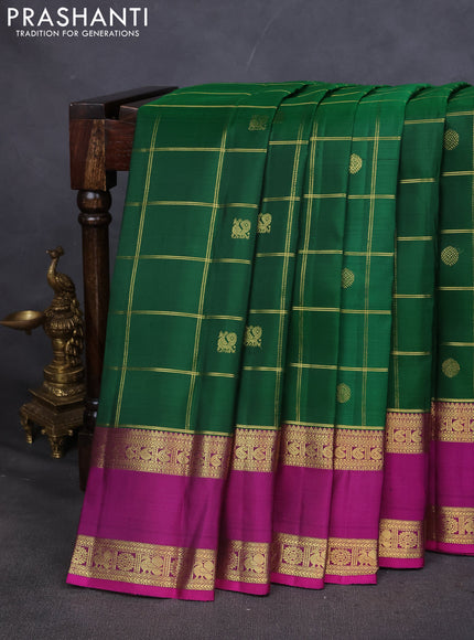 Pure kanchipuram silk saree green and purple with zari checks & buttas and rettapet zari woven border