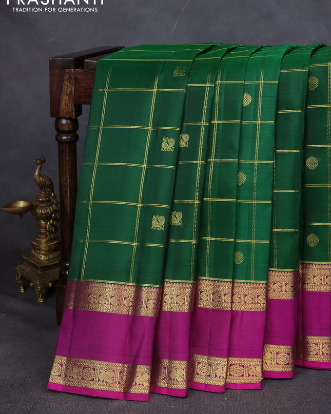 Pure kanchipuram silk saree green and purple with zari checks & buttas and rettapet zari woven border