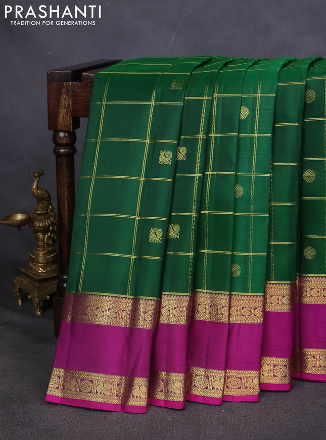 Pure kanchipuram silk saree green and purple with zari checks & buttas and rettapet zari woven border