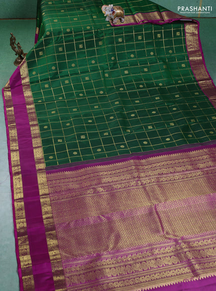 Pure kanchipuram silk saree green and purple with zari checks & buttas and rettapet zari woven border