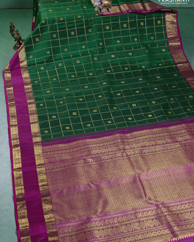 Pure kanchipuram silk saree green and purple with zari checks & buttas and rettapet zari woven border