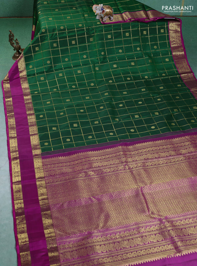 Pure kanchipuram silk saree green and purple with zari checks & buttas and rettapet zari woven border