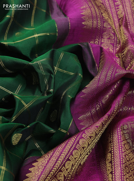 Pure kanchipuram silk saree green and purple with zari checks & buttas and rettapet zari woven border