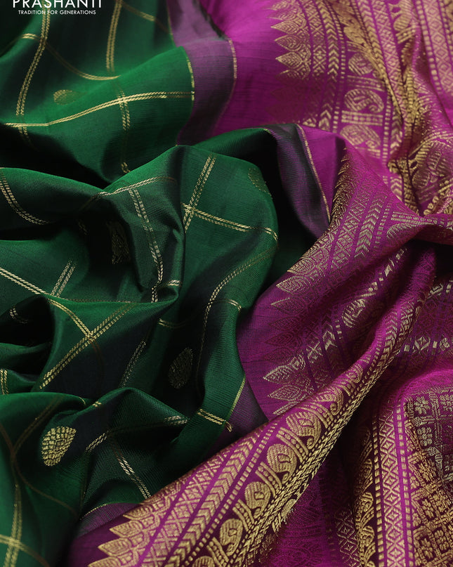 Pure kanchipuram silk saree green and purple with zari checks & buttas and rettapet zari woven border