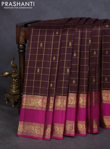 Pure kanchipuram silk saree coffee brown and purple with zari checks & buttas and rettapet zari woven border