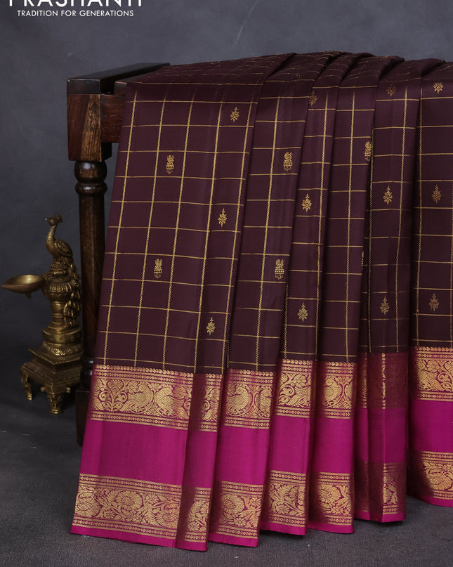 Pure kanchipuram silk saree coffee brown and purple with zari checks & buttas and rettapet zari woven border