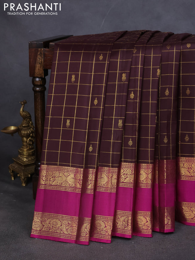 Pure kanchipuram silk saree coffee brown and purple with zari checks & buttas and rettapet zari woven border