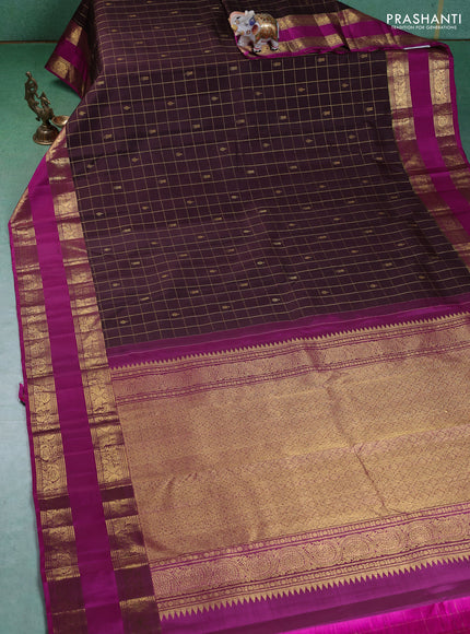 Pure kanchipuram silk saree coffee brown and purple with zari checks & buttas and rettapet zari woven border