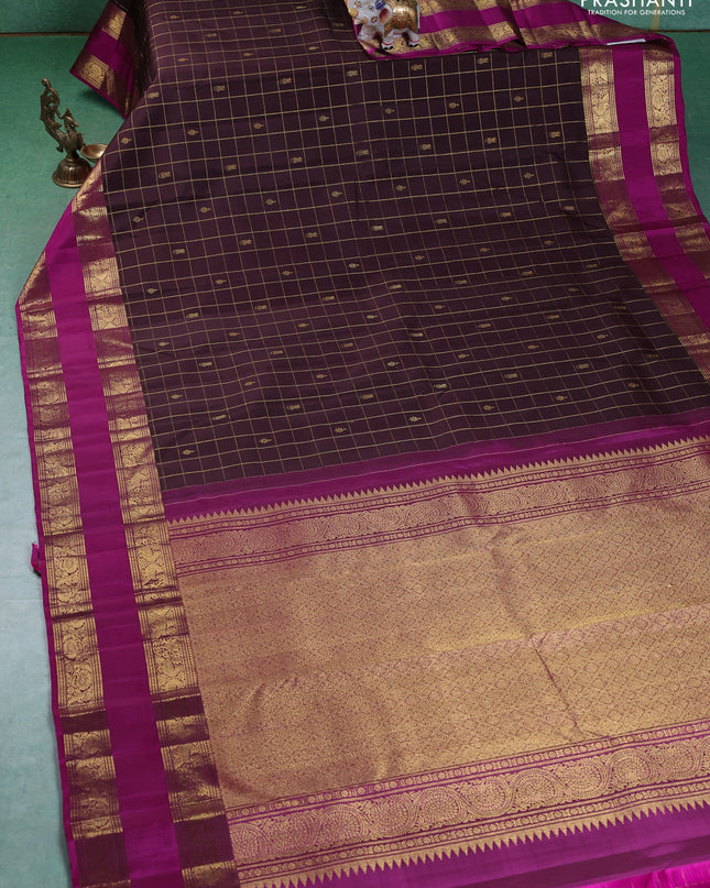 Pure kanchipuram silk saree coffee brown and purple with zari checks & buttas and rettapet zari woven border