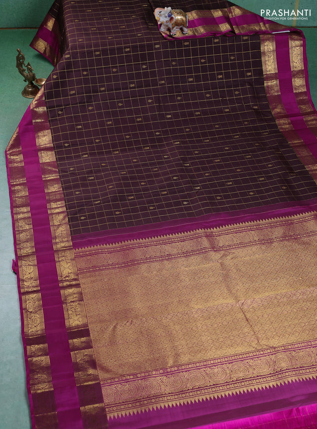 Pure kanchipuram silk saree coffee brown and purple with zari checks & buttas and rettapet zari woven border