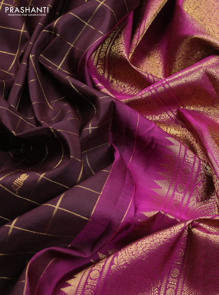Pure kanchipuram silk saree coffee brown and purple with zari checks & buttas and rettapet zari woven border