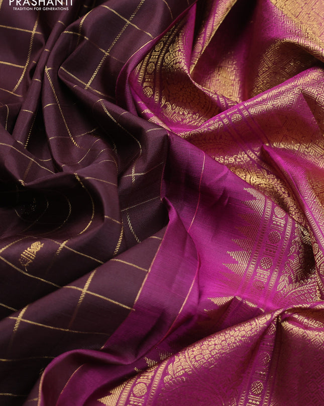 Pure kanchipuram silk saree coffee brown and purple with zari checks & buttas and rettapet zari woven border