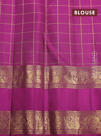 Pure kanchipuram silk saree coffee brown and purple with zari checks & buttas and rettapet zari woven border