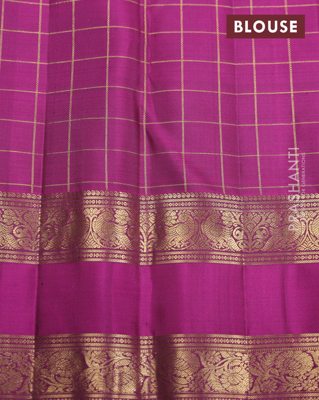 Pure kanchipuram silk saree coffee brown and purple with zari checks & buttas and rettapet zari woven border