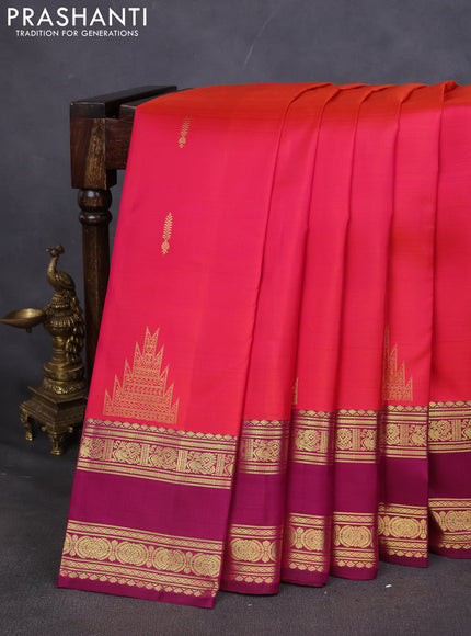 Pure kanchipuram silk saree dual shade of pinkish orange and purple with zari woven buttas and rettapet zari woven border