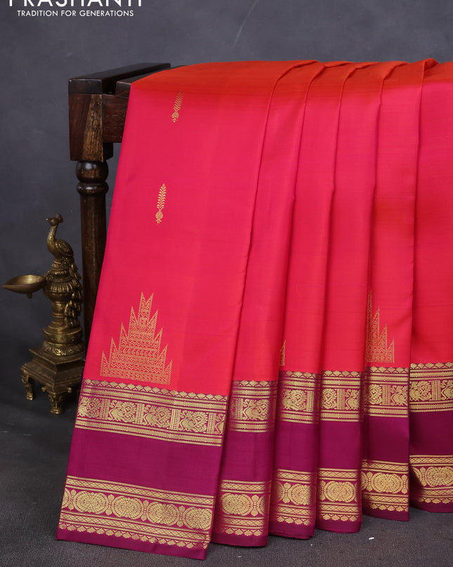 Pure kanchipuram silk saree dual shade of pinkish orange and purple with zari woven buttas and rettapet zari woven border