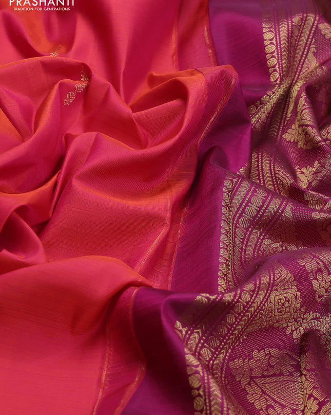 Pure kanchipuram silk saree dual shade of pinkish orange and purple with zari woven buttas and rettapet zari woven border