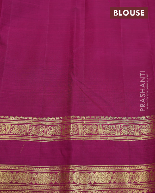 Pure kanchipuram silk saree dual shade of pinkish orange and purple with zari woven buttas and rettapet zari woven border