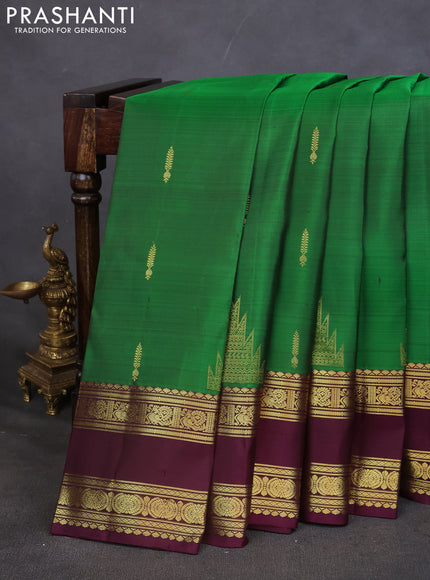 Pure kanchipuram silk saree green and deep wine with zari woven buttas and rettapet zari woven border