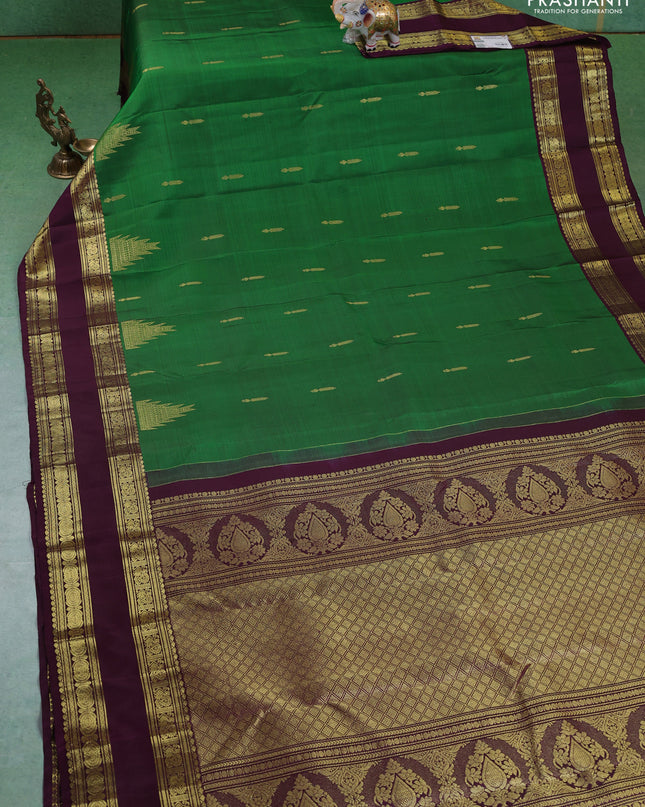 Pure kanchipuram silk saree green and deep wine with zari woven buttas and rettapet zari woven border