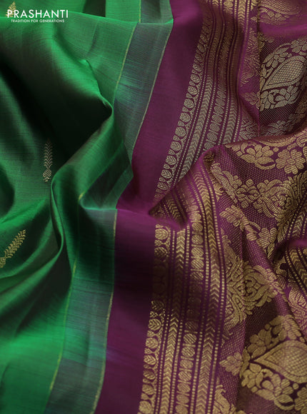 Pure kanchipuram silk saree green and deep wine with zari woven buttas and rettapet zari woven border