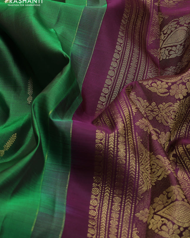 Pure kanchipuram silk saree green and deep wine with zari woven buttas and rettapet zari woven border