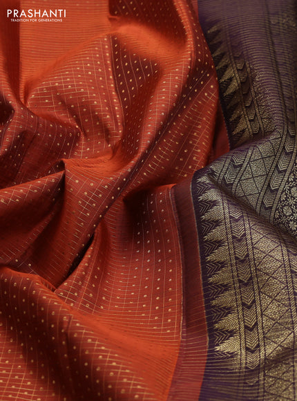 Pure kanchipuram silk saree rustic orange and deep wine with allover zari checks & lakshadeepam buttas and rettapet zari woven border