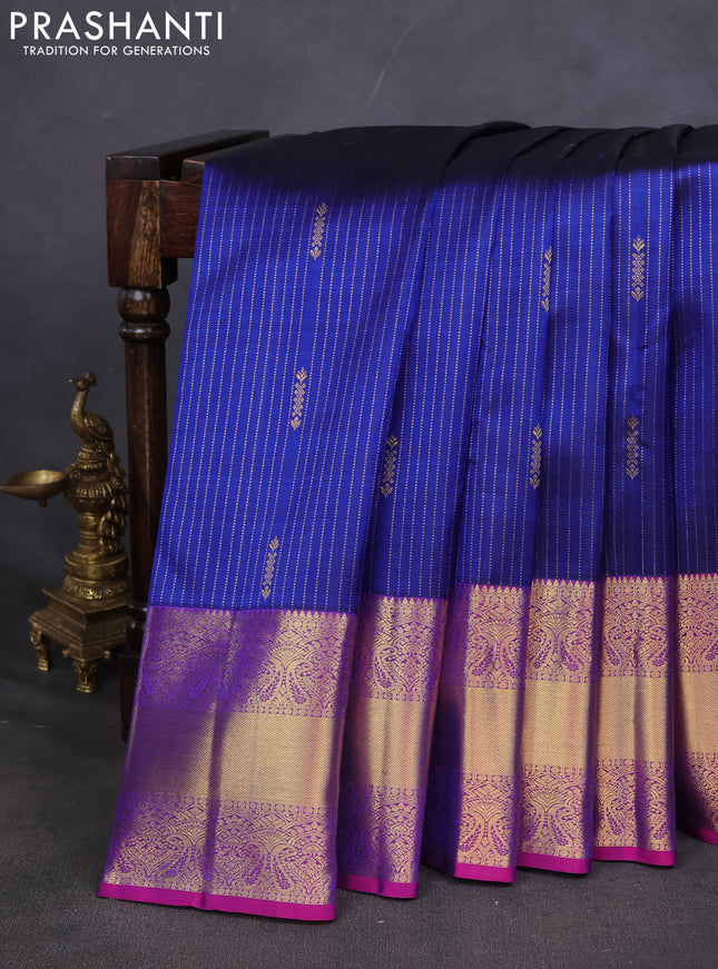 Pure kanchipuram silk saree blue and purple with allover zari weaves and zari woven border